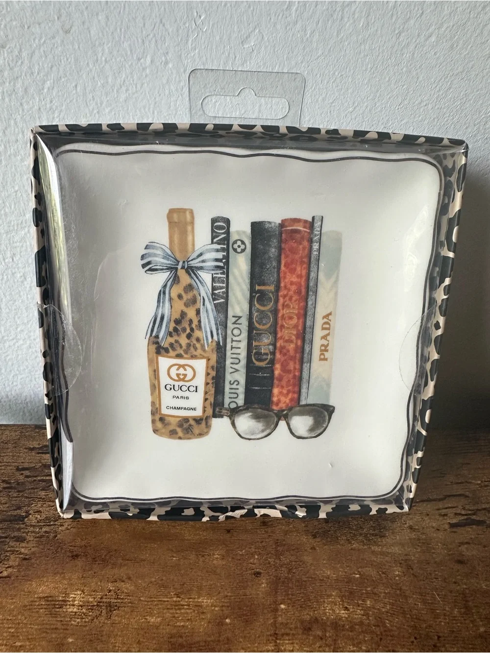 Luxury Designer Trinket Dish with Leopard Print Champagne & Luxury Books NWT